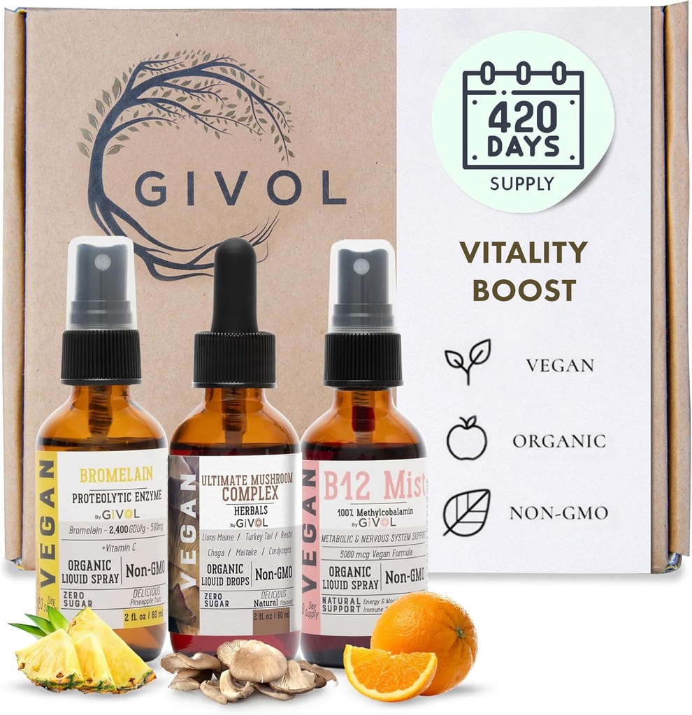 Vitality Boost Bundle Spray lichid - Ultimate Mushroom Complex, Bromelain, B12 Methylcobalamină - Multivitamine complete - Pe bază de plante, non-GMO, Gluten Free, Sugar Free 2 Fl Oz (420 Days Supply)
