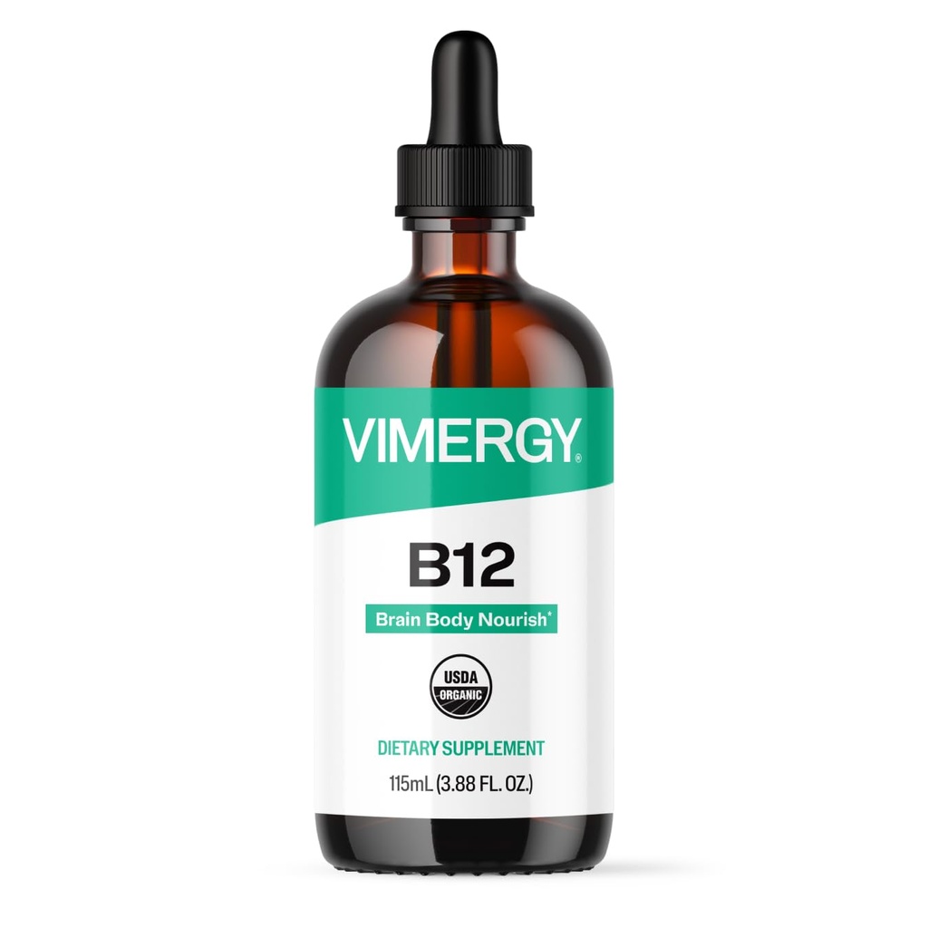 Vimergy Lichid organic Vitamina B12 Supliment 2500 mcg, metilcobalamină și adenosilcobalamină Suport energetic rapid-absorbant USDA Organic, Vegan, non-GMO B12 Vitamine pentru femei și bărbați 115 Servire (115 ml)