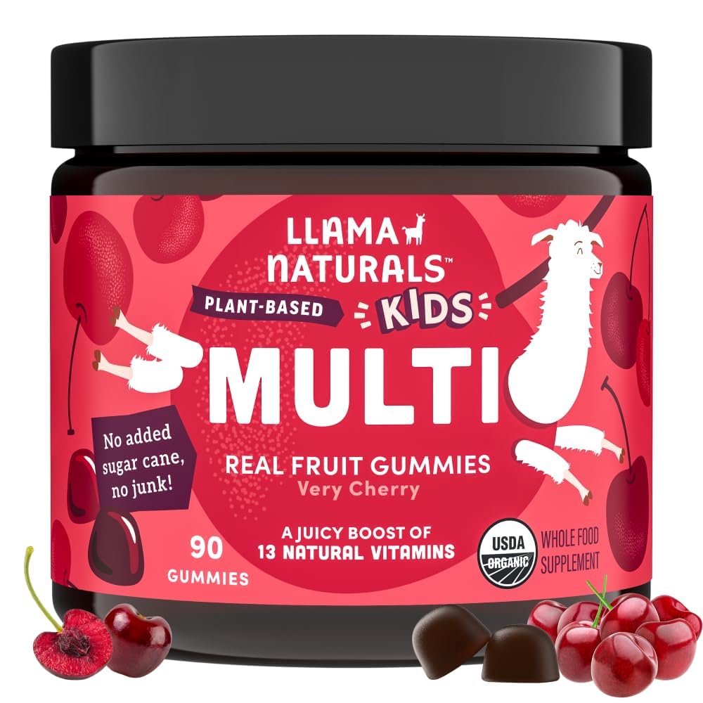 Llama Naturals Kids Multivitamine Gummies, Vegan, Organic cu vitamina D, C & K, Toddler Real Fruit Gummy Vitamine, Supliment masticabil, Întreaga alimente Multivitamine, Nu Adăugat trestie de zahăr, Cherry, 90 Ct