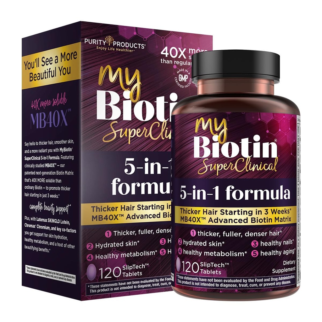 Produse de puritate MyBiotin SuperClinic Nou 5-in-1 Elite Multivitamine + MB40X Biotin Matrix Zilnic Multi - Parul mai gros Incepand in 3 saptamani - 40X Mai mult Soluble vs Nails Obisnuita - 120 Tabs