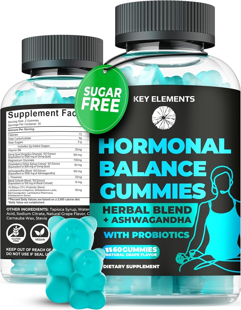 PMS Gummies Hormonial Balance Suplimente pentru femei - Probiotice PMS Vitamine Menstrual Cramp Relief, Hot Flashes Menopause Suport - PMS Ajutor cu Dong Quai, Chasteberry, Black Cohosh & Ashwagandha