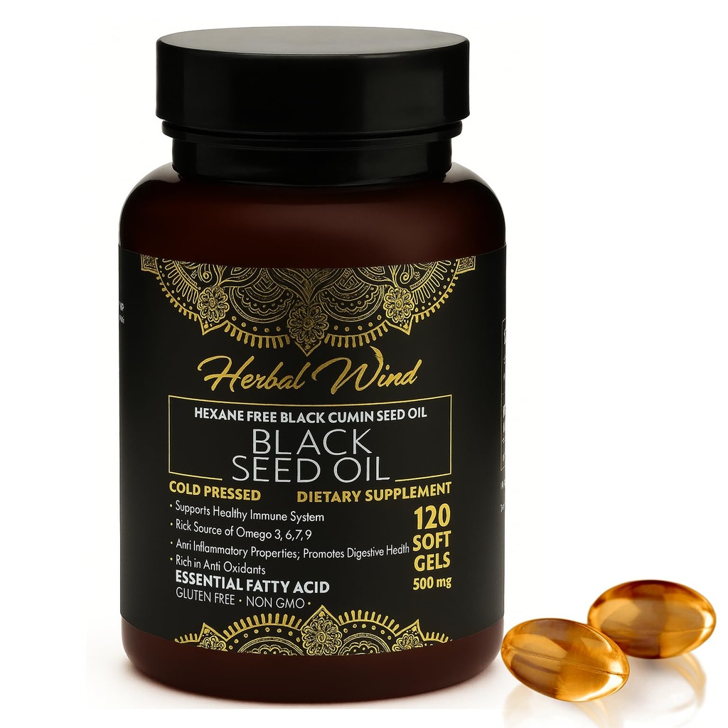 Capsule de ulei de semințe negre - presat la rece 120 Softgels 500mg, calitate premium Nigella Sativa,100% ulei de semințe de chimen negru pur - non-GMO (120 Conte - pachet de 1 flacon de plastic)