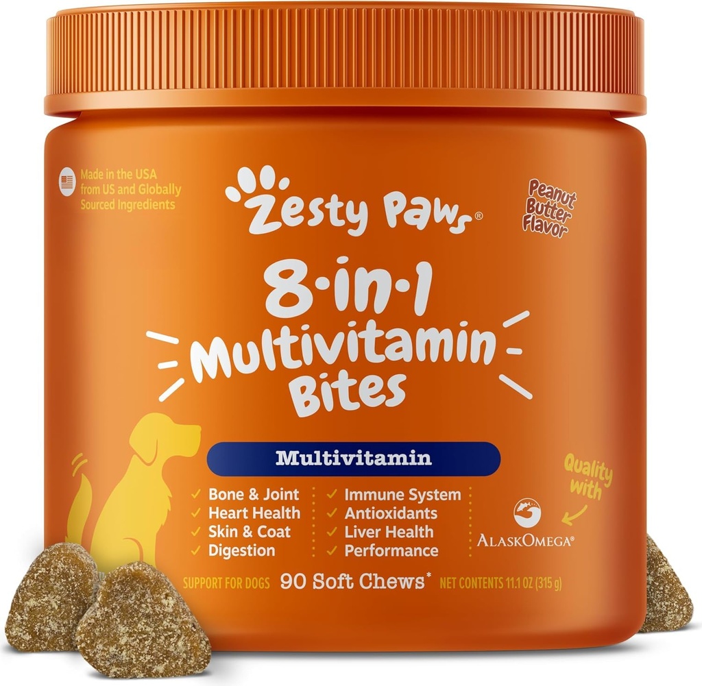 Zesty Paws Multivitamine Tratamente pentru câini, Glucosamină Chondroitin Suport comun + Enzime digestive & Probiotice, Grain Free Dog Vitamine şi Suplimente pentru Piele & Coat, Unt de arahide - 90ct