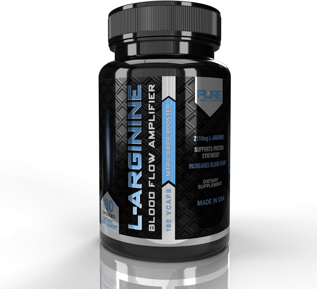 Pure Label Nutriție L Capsulele de arginină, Booster oxid de azot, Amino Acid Supliment pentru bărbați și femei, ajută la construirea musculare și de energie de creștere, suport flux de sânge - 180 capace