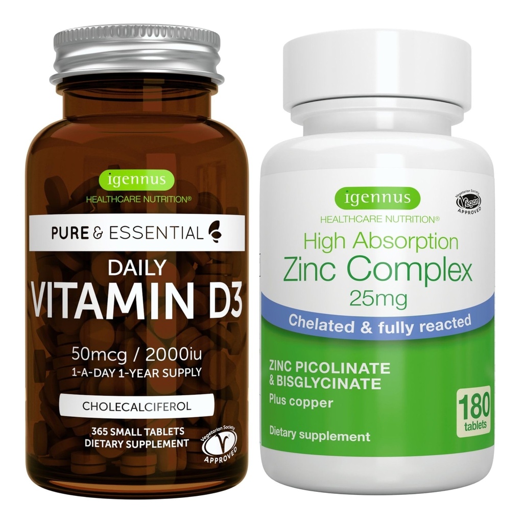 Daily Vitamina D3 + Complex de zinc Vegetarian Bundle, 365 2000iu Vitamina D3 Tablete + 25mg Picolinat de zinc Chelated & Bisglicinat cu cupru, de Igennus