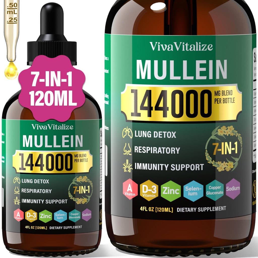 Picături Mullein pentru plămâni,144000 mg Extract de frunze Mullein pentru Plămâni Curățenie & Funcție respiratorie respirație sănătoasă Immun, Sistem digestiv, Supliment natural Herbal Zahăr și alcool-Free,120-Day Supply