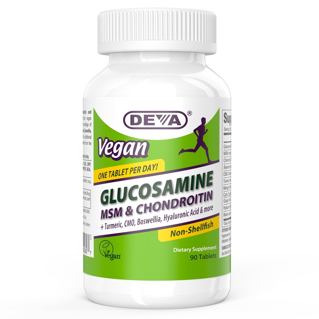 DEVA Vegan Glucosamină MSM & Chondroitin + Turmeric, OCP, Boswellia, Acid hialuronic & More, Formula neanimală îmbunătățită, 90 comprimate