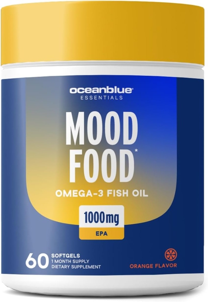 Oceanblue Essentials Mood Food Omega 3 | Triple Strength Fish Oil 1000mg EPA for Mood Support | Burpless Mini Softgels | Heart Health, Non-GMO (60 Count)