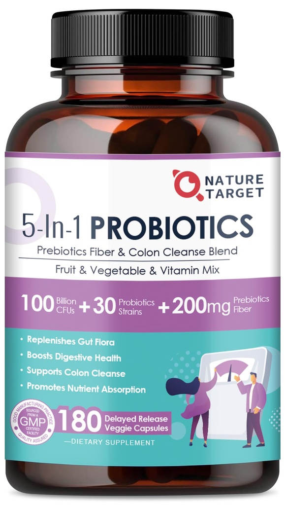 Natura Probioticele pentru femei-bărbați Digestive Sănătate, Mens-Womens Probiotic cu prebiotice, 100 Miliarde CFU pentru Instinct și Sănătate Imună, 180 Capsule Veggie (90 zile de aprovizionare)