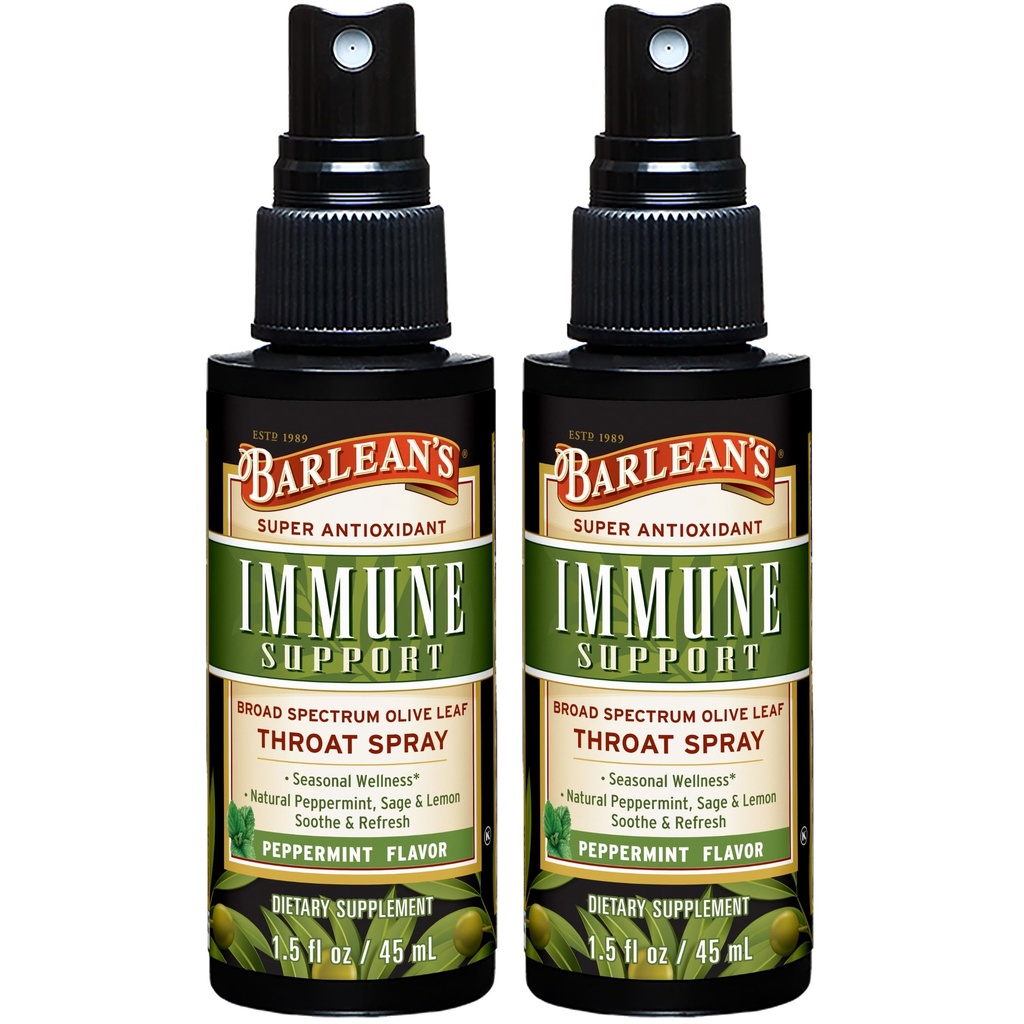 Barlean 2 Pack Olive Leaf Complex Spray de gât cu mentă, Lemon, și Sage pentru Itchy Throat Relief, Supplement de sprijin imun, Extract lichid amestecat, 1.5 oz