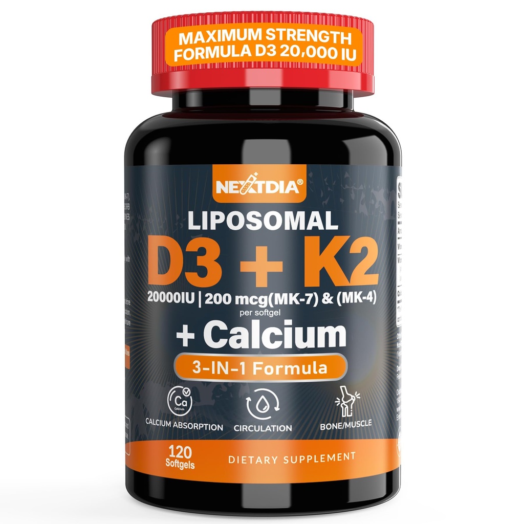 Vitamina D3 20000 UI + vitamina K2( MK7 ) 200mcg - Vitamina optimă D3 & K2 Softgel - Oase puternice & musculare, Absorbție de calciu și sprijin imun, ajutarea deficitelor de vitamine, Ușor de înghițit, Non OMG