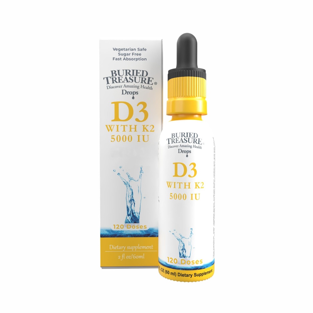 Comoara îngropată Vitamina D3 & K2 picături - 5000 UI D3 cu 100 mcg K2 pentru oase, inimă și suport imunitar, zahăr fără, 2 fl oz
