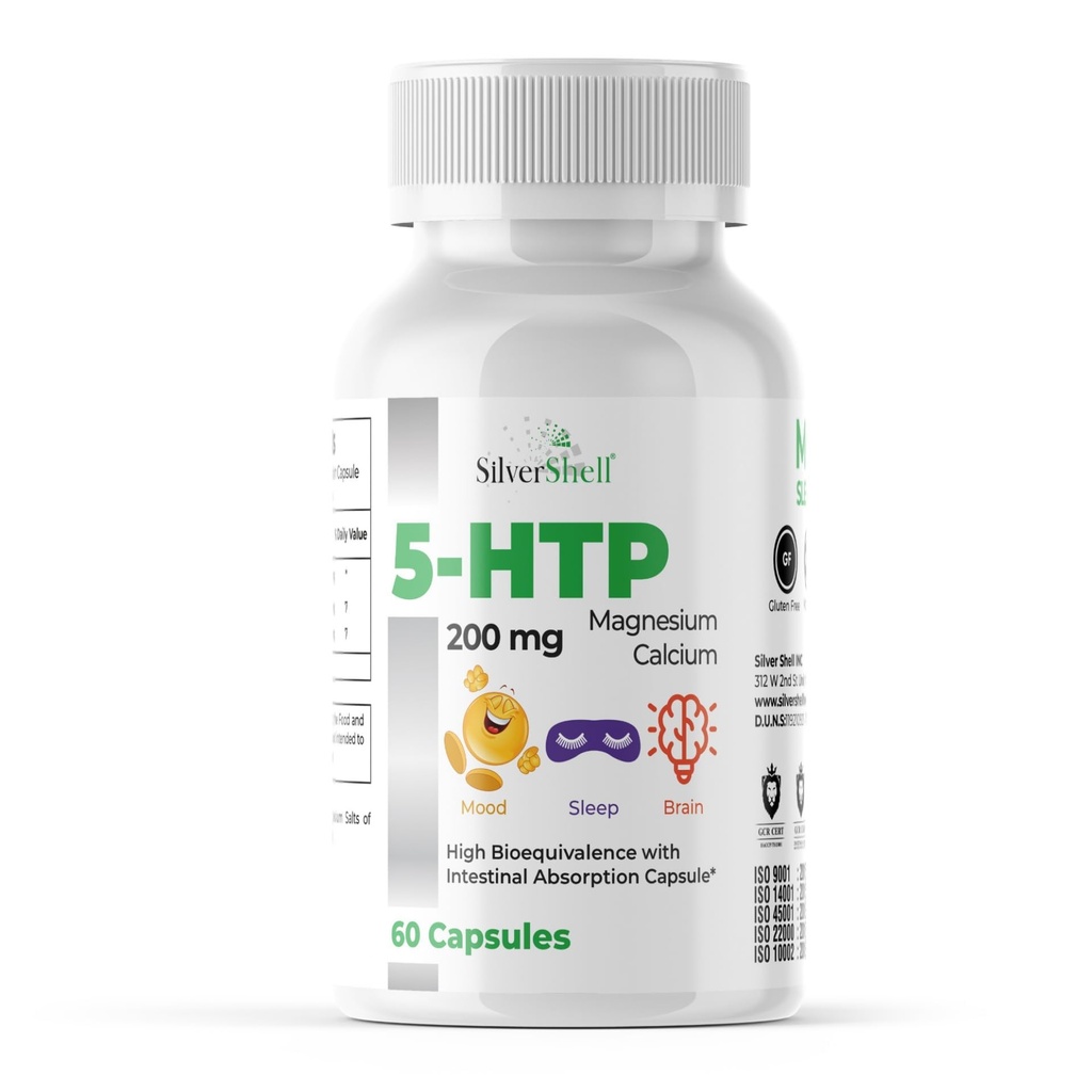 5-HTP 200 MG Plus Calciu şi Magneziu pentru Mood, Somn şi funcţii ale creierului 1 Capsule per Serving, 60 Capsule