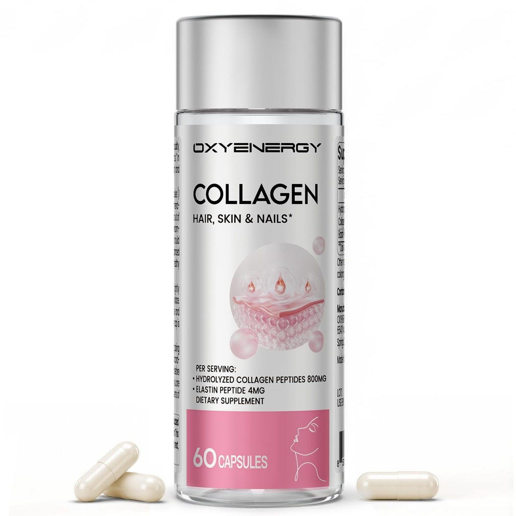 OxyEnergy Colagen Peptides Capsule pentru femei, 800mg Colagen hidrolizat (tipuri I) Suplimente cu Elastin Peptides, 60 pastile Colagen pentru a promova parul, unghie, piele, Colágeno en Capsulas