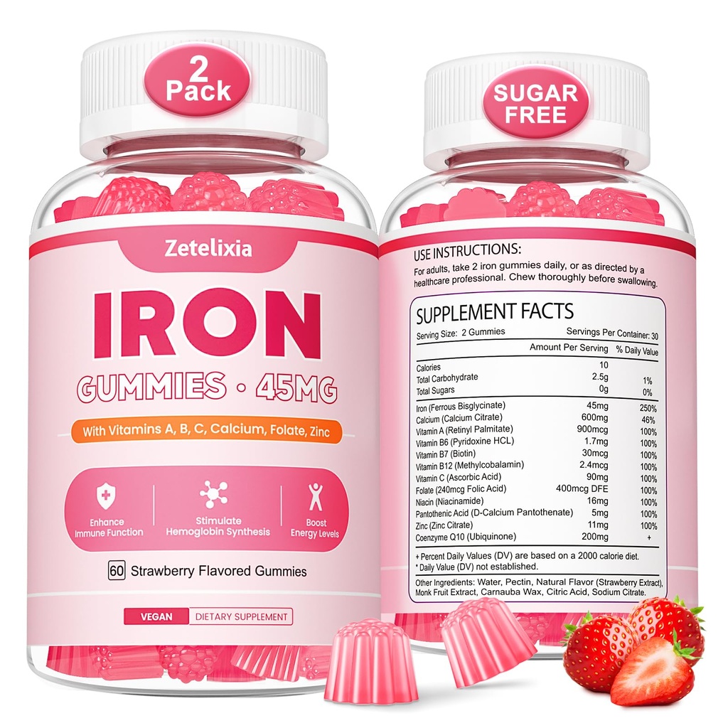 Vegan 2 Pack Supliment de fier Gummes pentru femei și bărbați, anemie, Blood Builder și suport energetic pentru deficit de fier, cu vitamina C, A, B Complex, Folate, CoQ10, Sugar Free, Non-GMO, 120 Conte