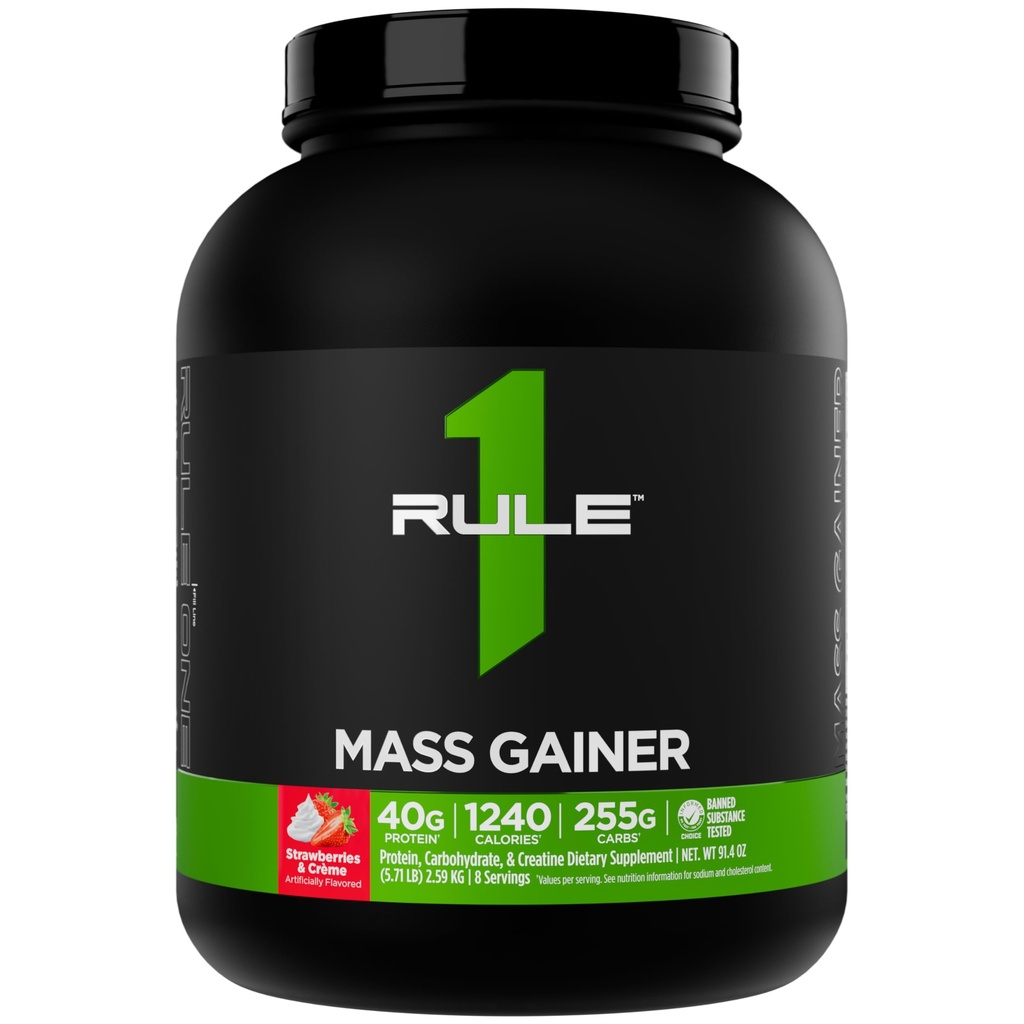 Regula 1 Mass Gainer - High-Calorie Great Gain Formula cu 1,220+ Calorii, 250g+ Complex Carb Blend, 40g All-Whey Proteine Per Serving (8 serviri, căpșuni și crème)