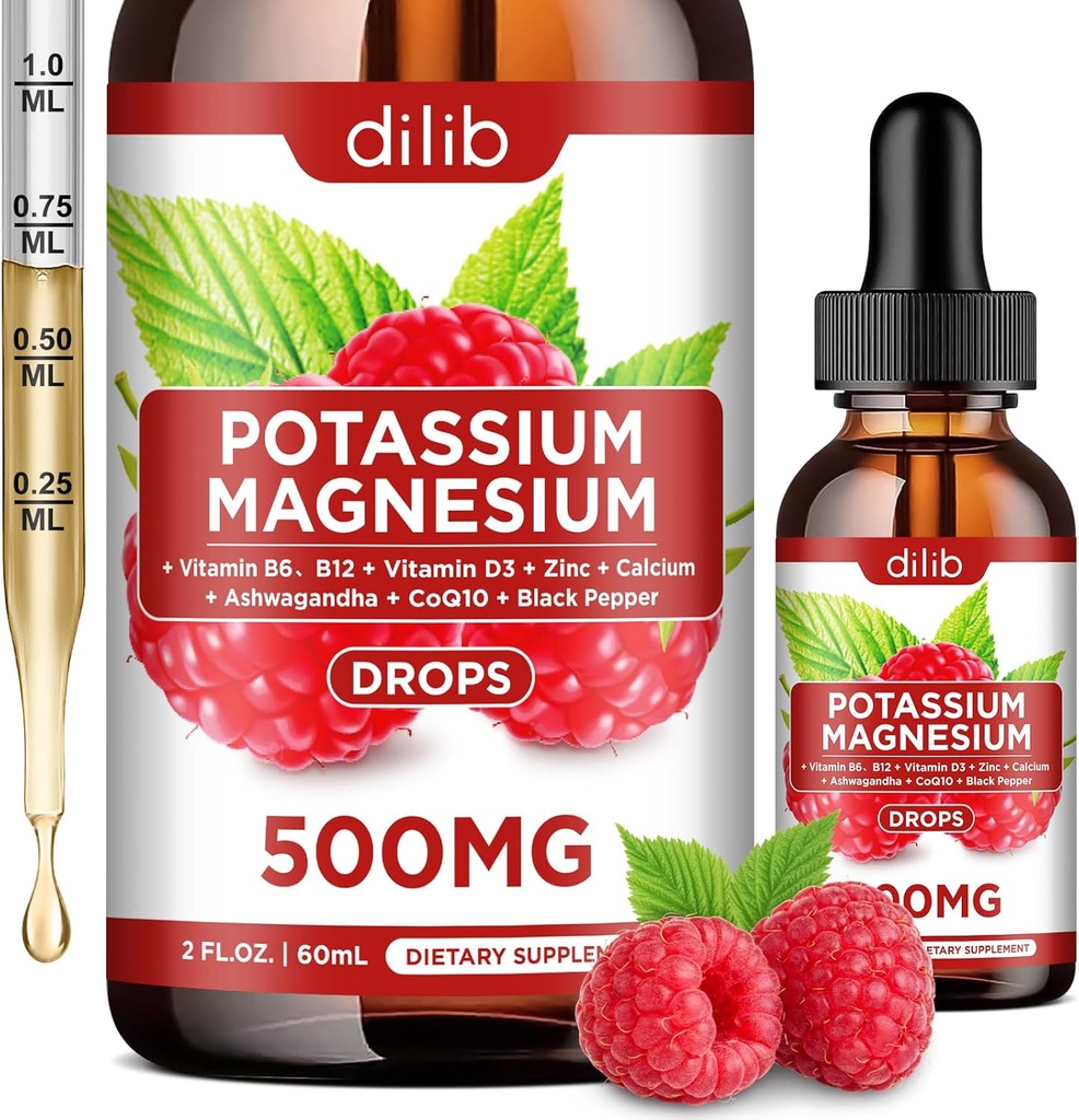 Potasiu Magneziu Citrat Supliment, Citrat de magneziu lichid picături 500mg cu Ashwagandha, Calciu, Zinc, Vitamina D3, B6, B12, CoQ10 - Vegan 2 fl oz Aroma de zmeură
