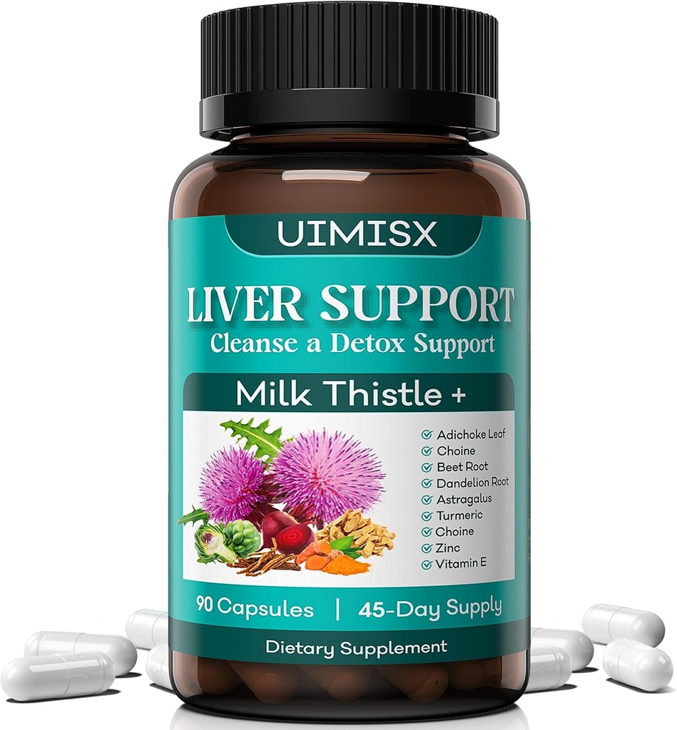 Milk Thistle Supliment - Detoxifiere Ficat Formula Herbal Liver Support with Milk Thistle, Dandelion Root, Anghinare, Turmeric, Astragalus pentru sanatatea ficatului, 90 Capsule