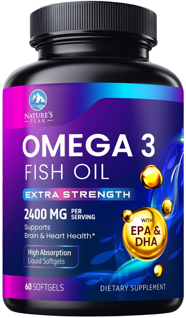 Omega 3 ulei de pește 2400 mg Supliment, Sustenabil sursă, Triple Putere Omega-3 Supliment Softgels, Brain Health Support, EPA & DHA ulei de pește acizi grasi Suplimente, Gluten & OMG gratuit, 60 Softgels