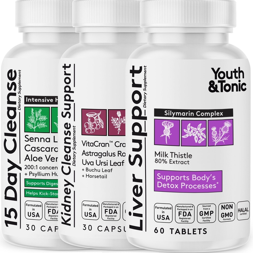 Tineret & Tonic 3X Body Cleanse și pastile de detoxifiere pentru femei și bărbați cu ficat, rinichi, suplimente de colon pentru a sprijini funcții sănătoase și pentru pierderea impurități nedorite și deșeuri metabolice. 120 Capsule