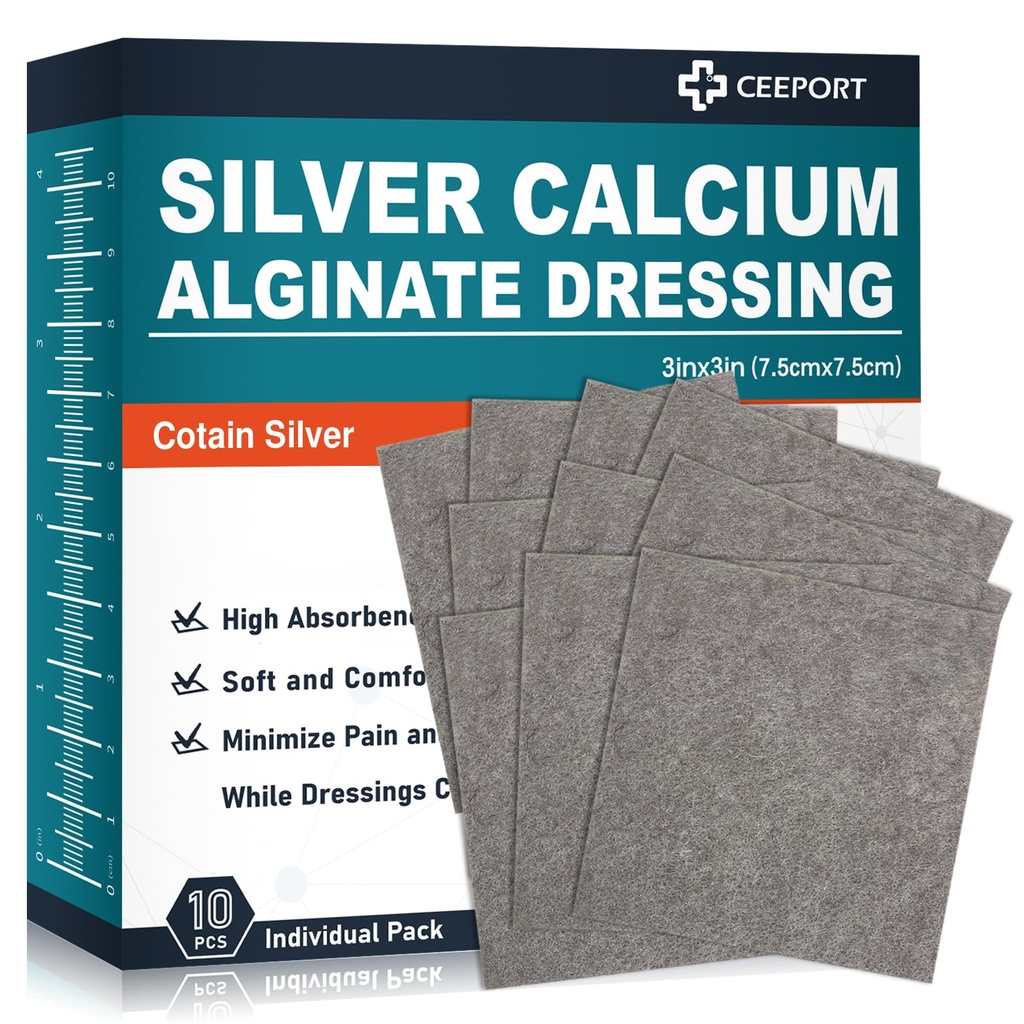 Ag Silver Calciu Alginate Rochie de rană Pad-uri 3' x 3' (Pachet de 10), moale Absorbție mare Rană de Argint Dressing, rochie non-adezivă pentru îngrijirea rănilor, Pad-uri de evacuare fără durere pentru răni