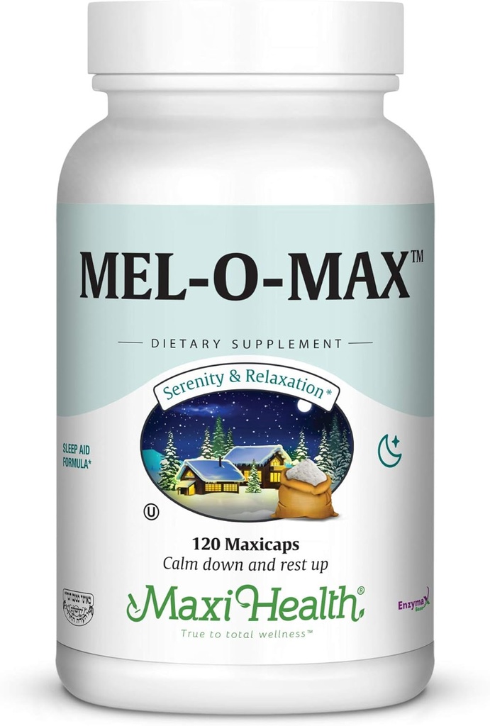 Maxi Health Mel-O-Max - Melatonina - cu rădăcină valeriană - Ajutor pentru somn - 120 capsule - Kosher