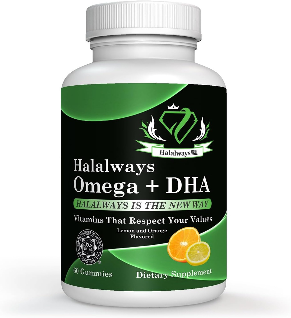 Halalways Omega + DHA Gumies - Triple Putere Omega 3 Ulei de pește Gummy Vitamine cu DHA acizi grasi, Natura's Heart Health, Orange & Lemon Flavor Certified Halal Supliment