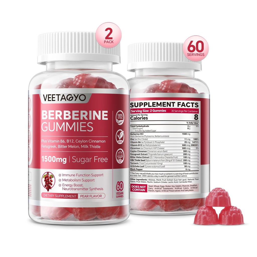 Berberine Supliment 1500mg,Sugar Berberina gratuit cu Ceylon Scorțișoară Gummies,Chromiu,Turmeric, Schinduf pentru Metabolism natural echilibrat, Berberina HCl din extractul indian Barberry, 120 Cts