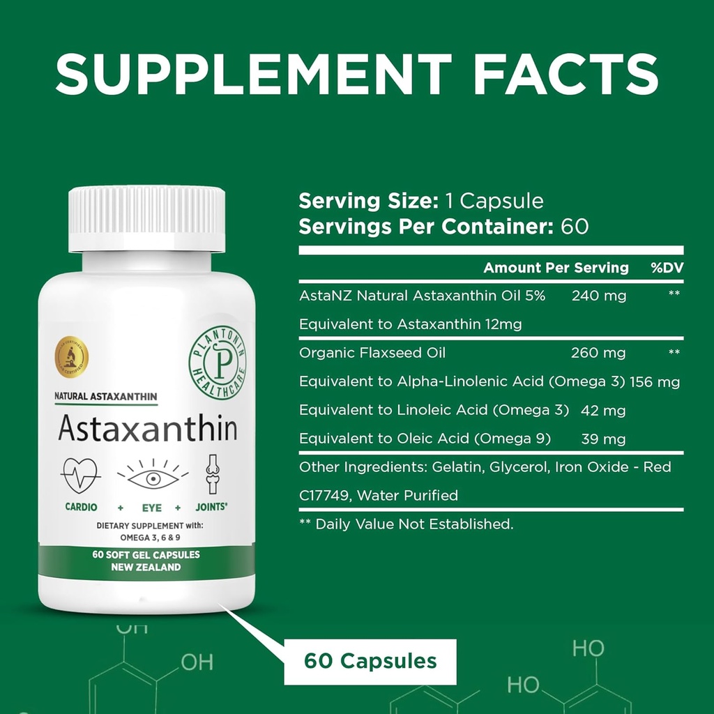 Noua Zeelandă - Astaxanthin 12mg de la Microalge Haematococcus Pluvialis - 60 Soft Gels - OMG & Gluten Free - Antioxidant - Sprijină Mobilitatea comună & Exerciții de recuperare, Skin & Eye Health