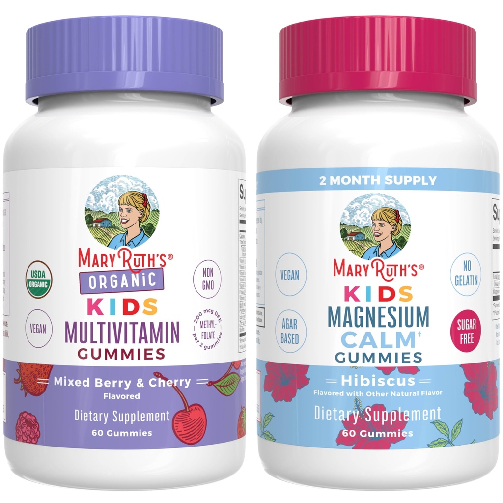 Gumiile lui MaryRuth pentru copii,USDA Multivitamine organice (amestecate Berry & Cherry), & Calm de magneziu (Hibiscus) 