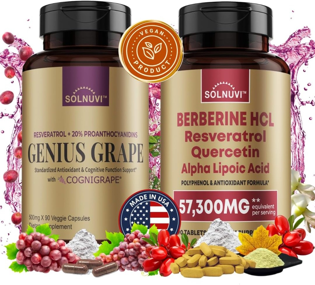 Neuro Defense Bundle: Berberine & Resveratrol Complex - Clinic testat Cognigrape, Querbetin, Alfa Acid lipoic - Brain Health & Antioxidant Support - non-GMO, Gluten-free, Supliment Vegan