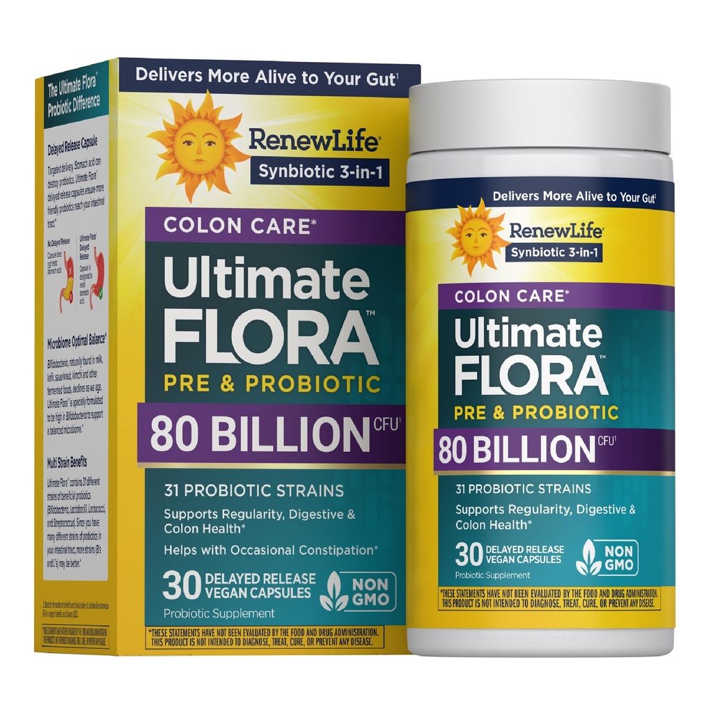 Renoire Life Probiotic Colon Care Capsule Probiotice, Daily Supplement Oferte Suport Colon, L. Rhamosus GG, Dairy, Soy și gluten-free, 80 Miliarde CFU, 30 Conte