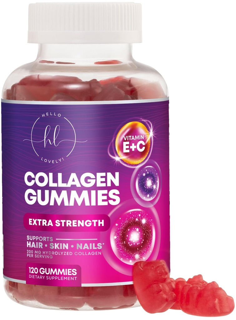 Colagen Peptides Gummies cu 2500 mcg Biotin - Hidrolized Proteine Tip I & III Multi Colagen Supliment cu vitamina C & Zinc - Suport pentru par, Piele, Nails, Aroma de rodii gustoase - 120 Gume