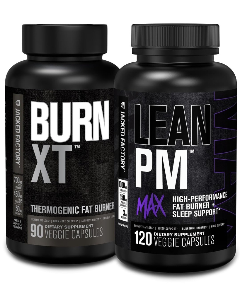 Fabrica Jacked Burn XT Fat Burner termogenic - Appetit Suppressant & Nootropic Energy Booster (90 capsule) și Lean PM Max pierdere în greutate de înaltă performanță, Sleep Support 