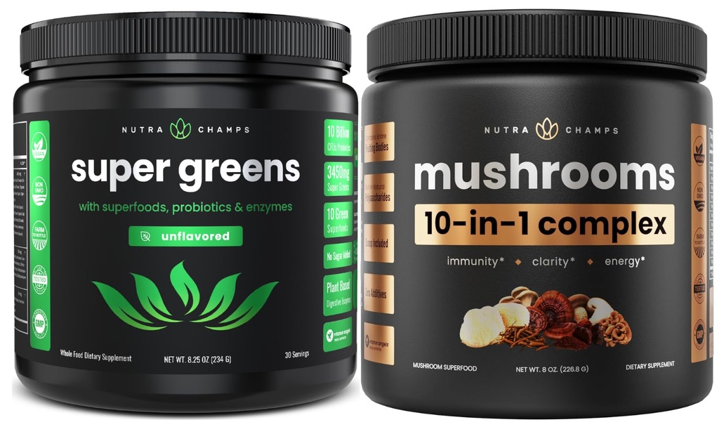 NutraChamps Super Greens Nearomate și Super Ciuperci: Creier Ultimate, Boost Gut & Body