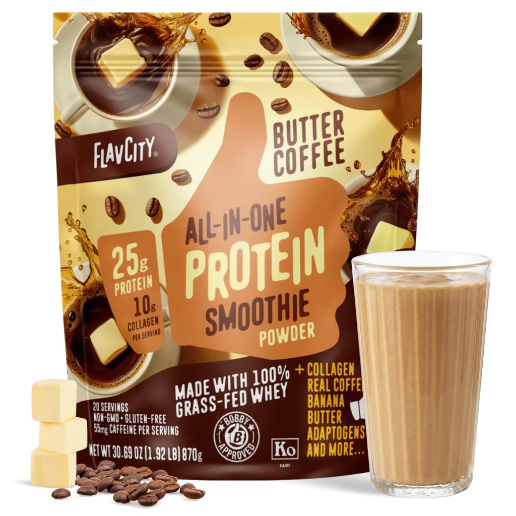 FlavCity Grass Pudră de proteine Fed Whey - Cafea unt - 25g Proteine, 10g Colagen & 87mg Cafeina - Made with Organic Reishi & Cordyceps - Gluten Free & No Added Sugars (20 Serviri)