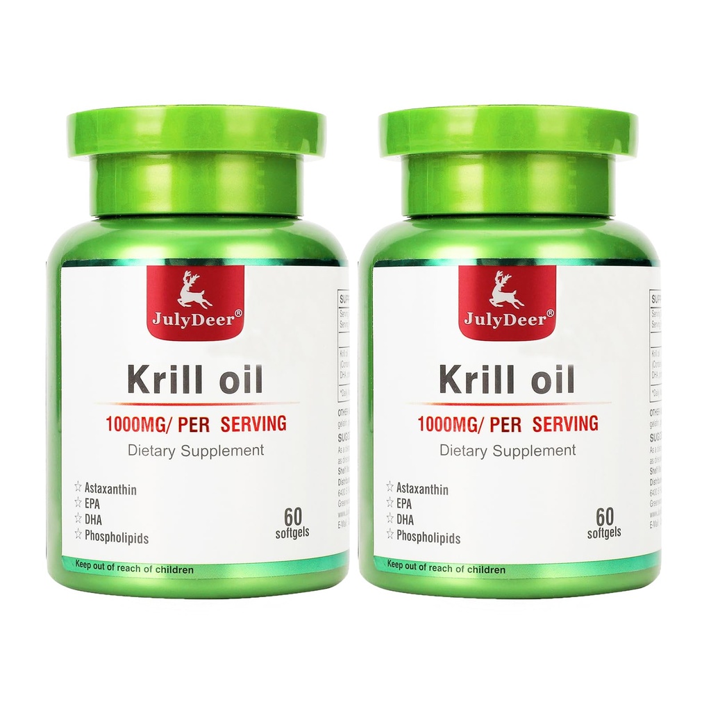 2 Sticle de ulei de krill Antarctica 1000 mg cu Omega-3s EPA, DHA, Astaxantină și Fosfolipide 60 Suplimentul Softgels nr gust de pește pentru articulații, inimă, creier și imunitate - 120 Softgels