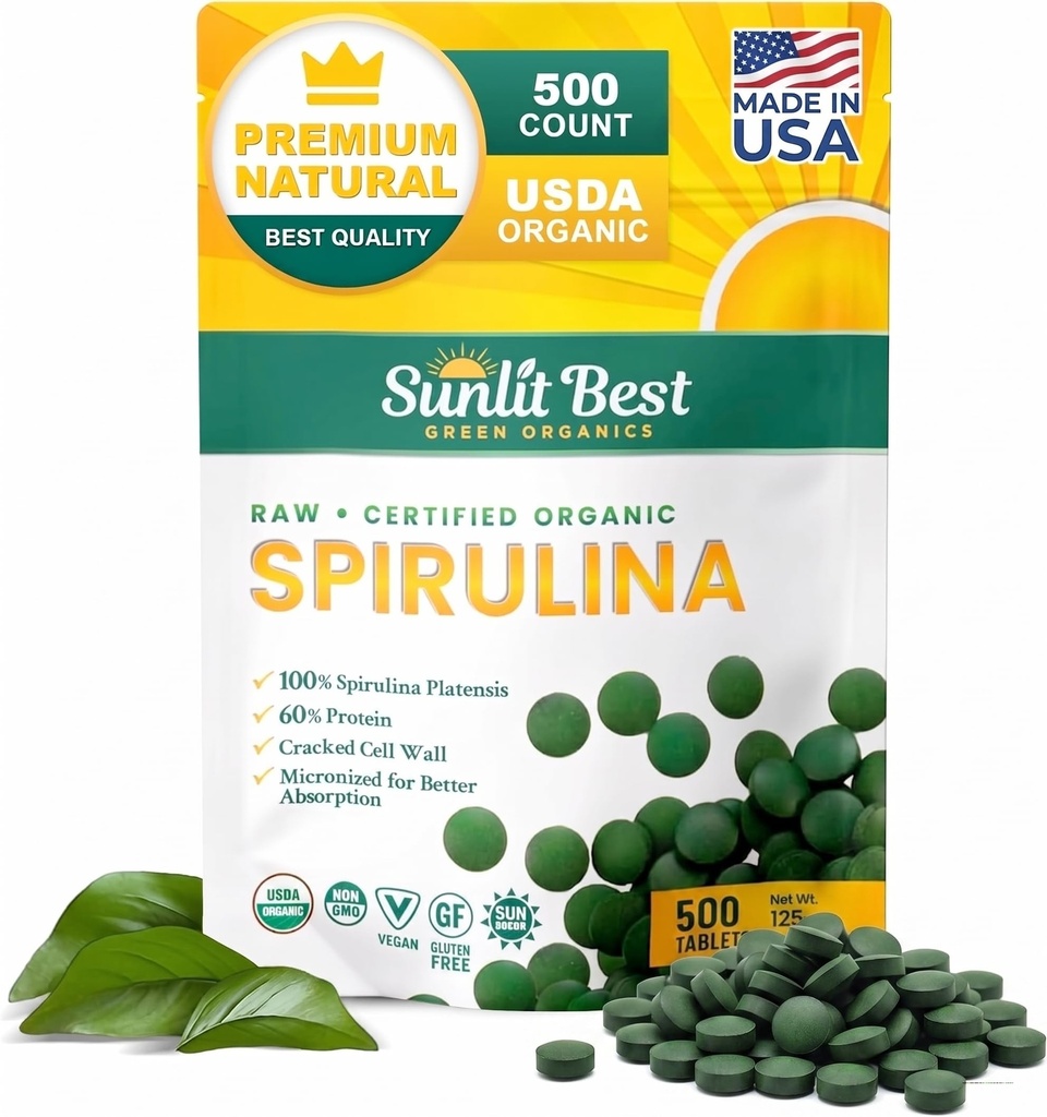 Sunlit Cele mai bune tablete Spirulina - Organic Spirulina tablete USDA Premium 500 Conte - Spirulinas Natural Explozie organică pentru suport imunitar Creștere musculară, energie Boost w / Clorophyll - Proteina mare, Non OMG