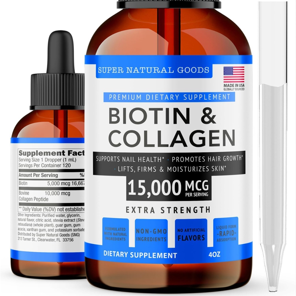 Super Natural Goods Biotin & Colagen Vitamine - Pierderea parului, Sanatate Gut, Anti-Aging, Ingrijirea pielii & Nails - Made in USA, Non-GMO & Cruzime Gratuit (4 Ounce- 15.000mcg)