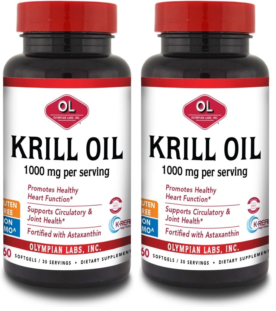 Olympian Labs Antarctica Krill Oil, 1000mg Caps cu Astexanthin, Omega-3, EPA, DHA, Imun, Joint & Brain Support, 60 Softgels (Pachet de 2)