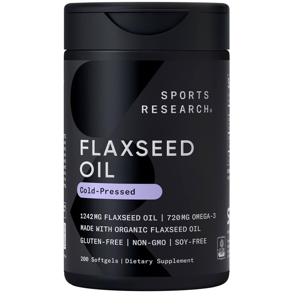 Sport de cercetare Flaxseed Oil Softgels 1242mg - Plant based Omega 3 Supliment pentru femei și bărbați - non-GMO verificat, Soy & Gluten Free (200 Conte)