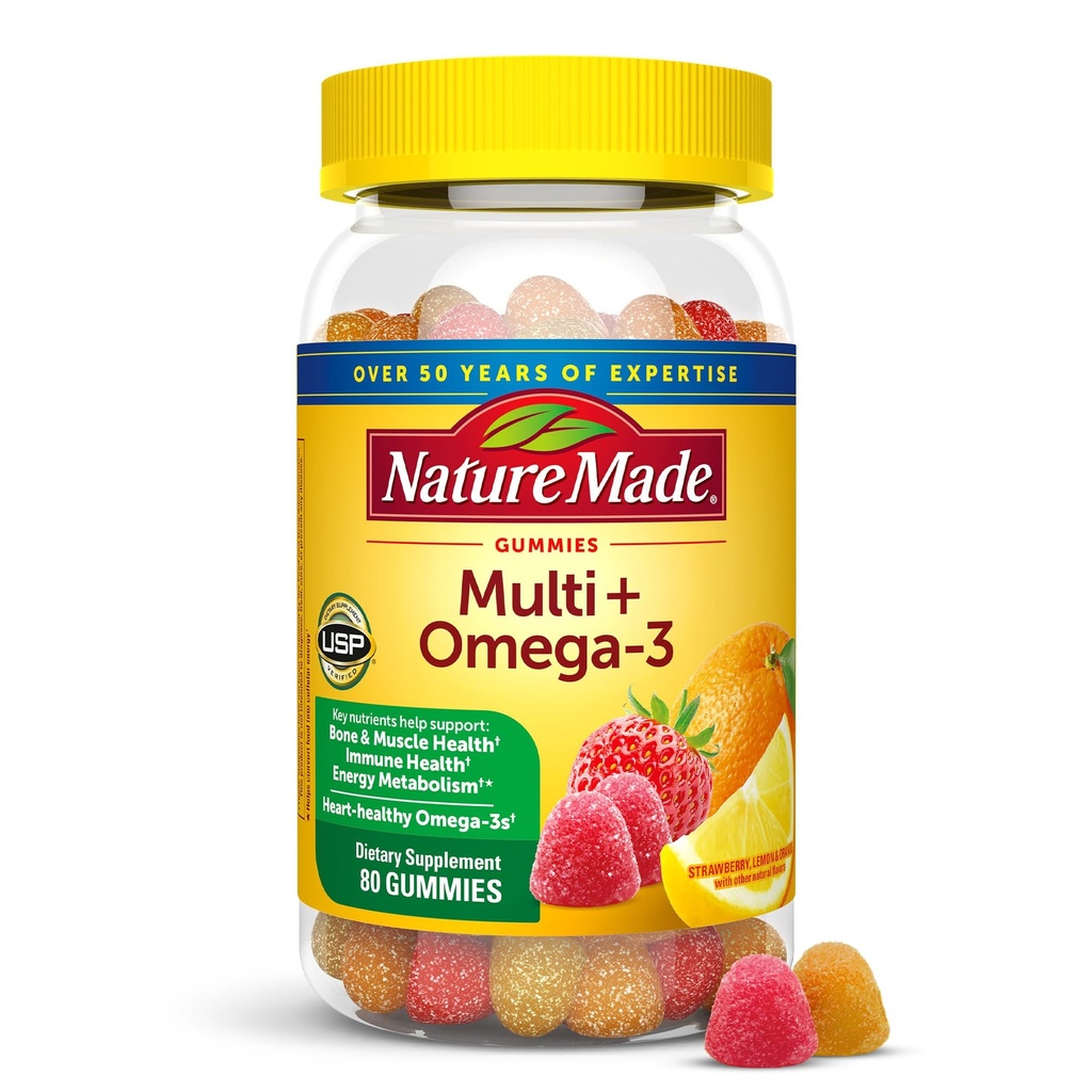 Natura făcut Multivitamine + Omega-3, Gume multivitamine pentru femei și bărbați, Daily Nutritional Support, 80 Adulți Gummy Vitamine & Minerale, 40 zile de aprovizionare