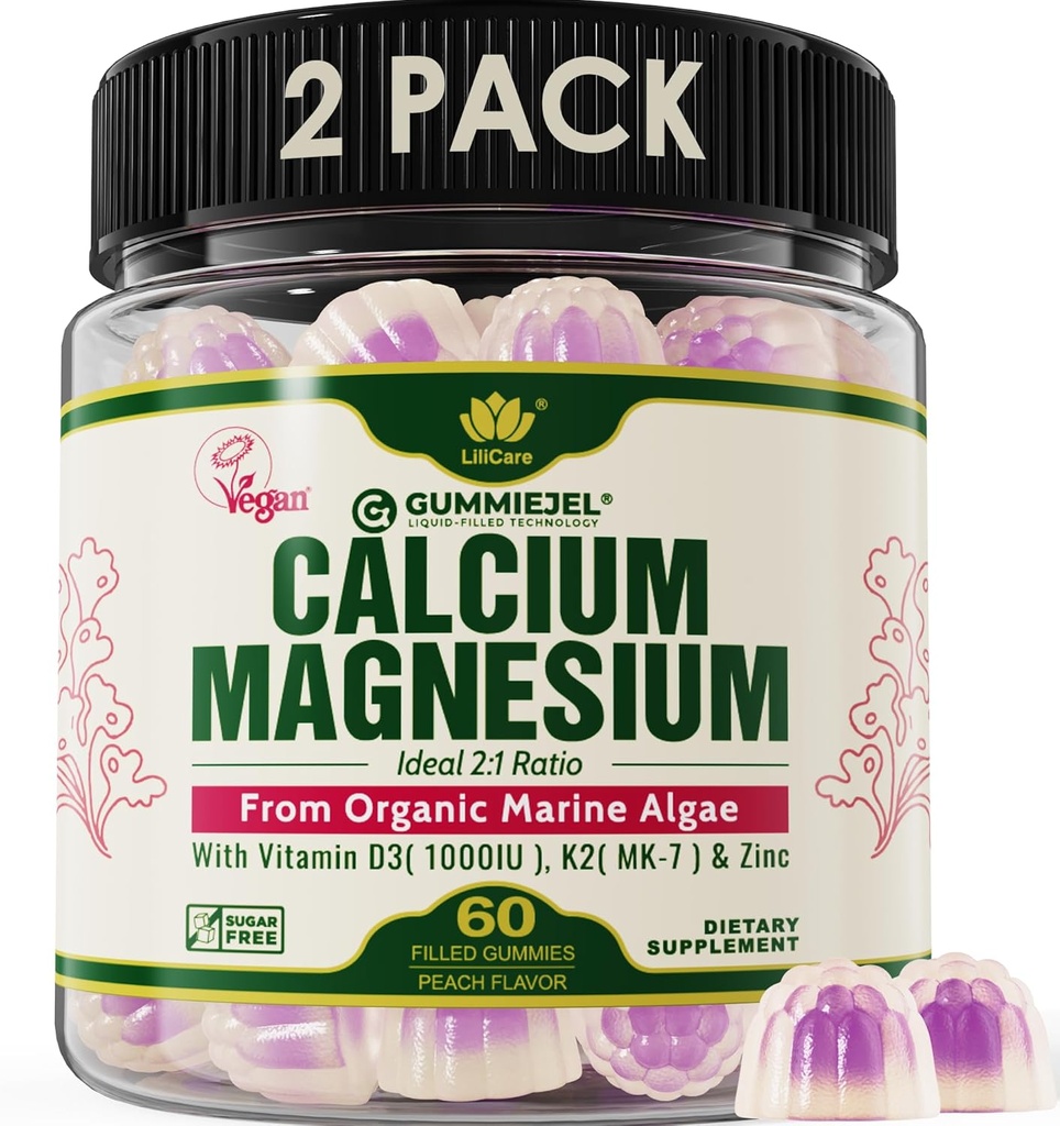 2 ambalaj - plante pe bază de calciu Gumries 600mg cu vitamina D3 K2, magneziu, zinc pentru puterea oaselor, Suplimente de calciu fără zahăr pentru femei și bărbați (Certified Vegan) de la Algae roșu organic durabil
