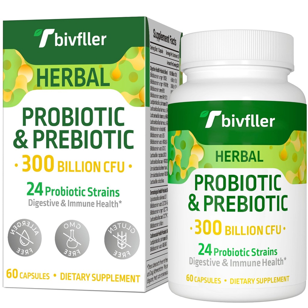 Probiotice pentru femei - 300 miliarde CFU, 24 tulpini Probiotic+15 plante organice Prebiotice Blend, Pre și Probiotice, pentru Digestive Health, Imune & Gut, Diaree, Bloating, Vegan, 2 luni de aprovizionare