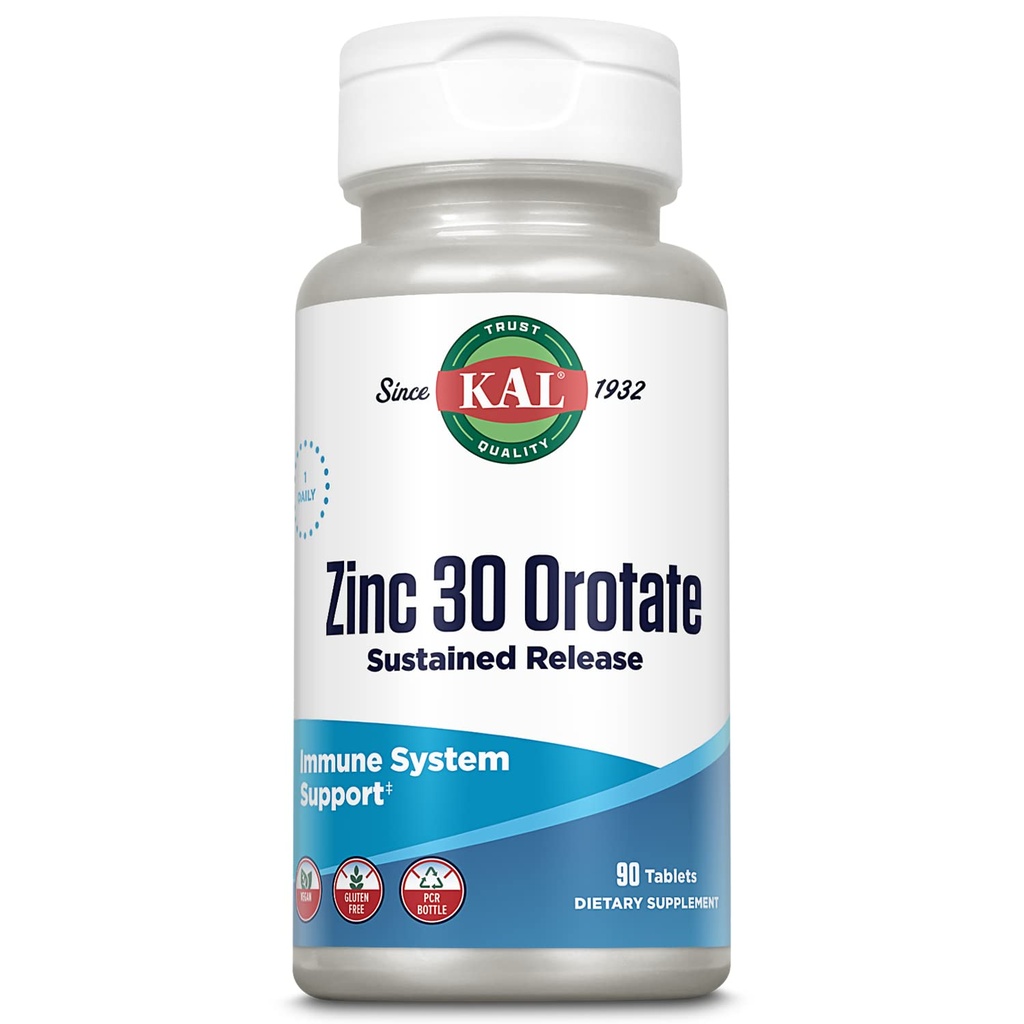 KAL Zinc Orotate 30mg, eliberare susţinută, Tablete de zinc Chelated, Supplement de suport imunitar, Sinteza proteinei, Metabolism, Suport energetic, Vegan, Gluten gratuit, 60-zi Garanţie, 90 Serviri, 90 comprimate