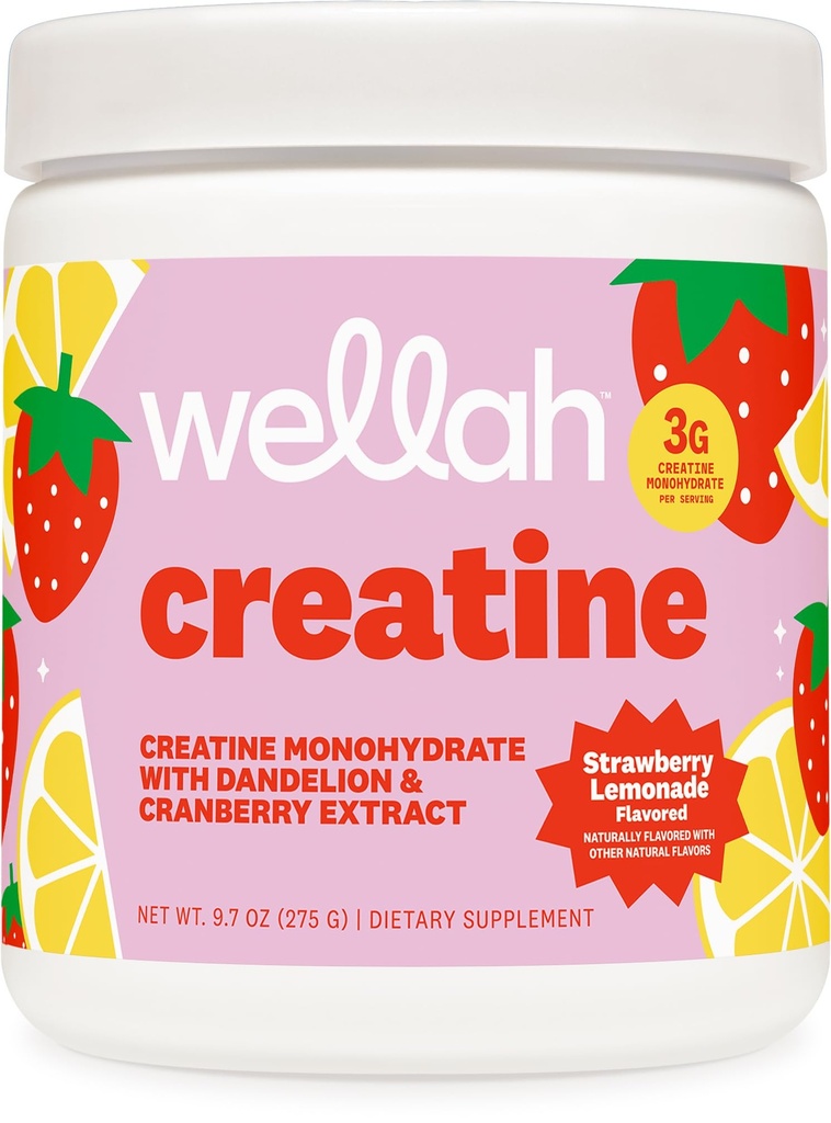 Wellah Creatina pentru femei - Creatina Monohidrat cu Dandelion & Extract de afine (50 Serviri, căpșuni Lemonade)