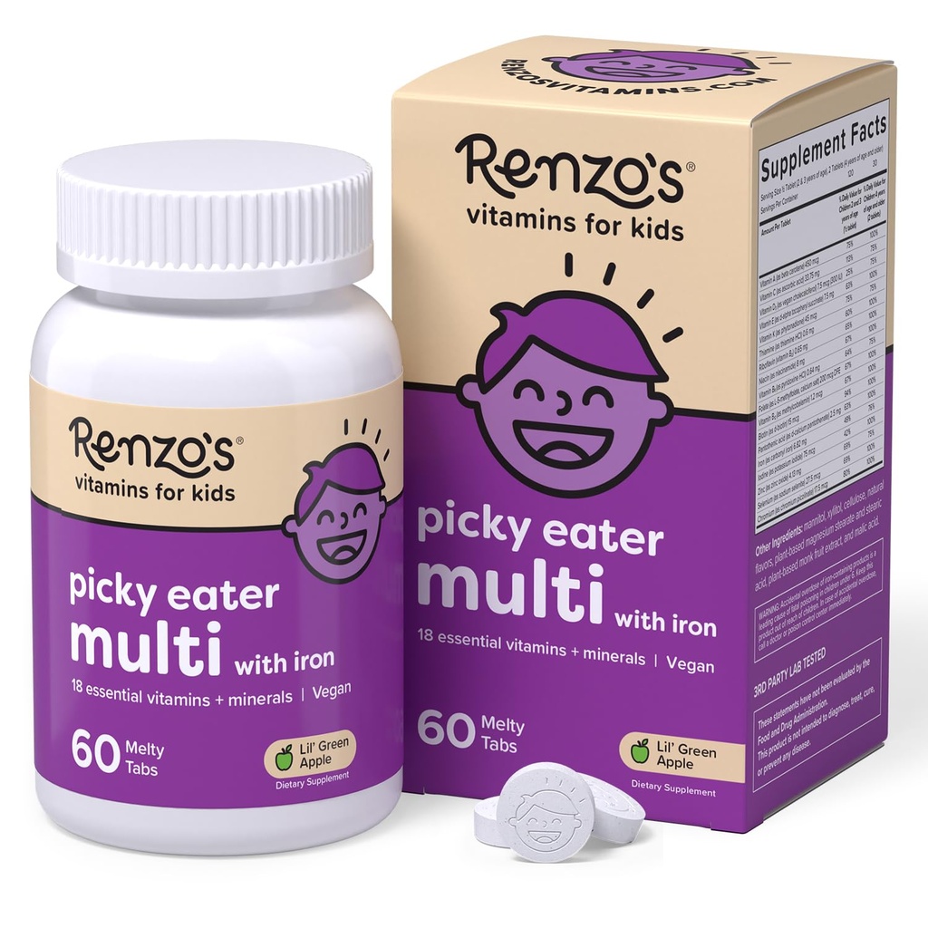 Renzo's Picky Eater Kids Multivitamine cu fier - Vitamine pentru copii dissolvabile cu fier, zinc, vitamina C, vitamina D, E & K, tablete de meltty fără zahăr, aromă verde de mere, 60-cont (1-2 lună de aprovizionare)