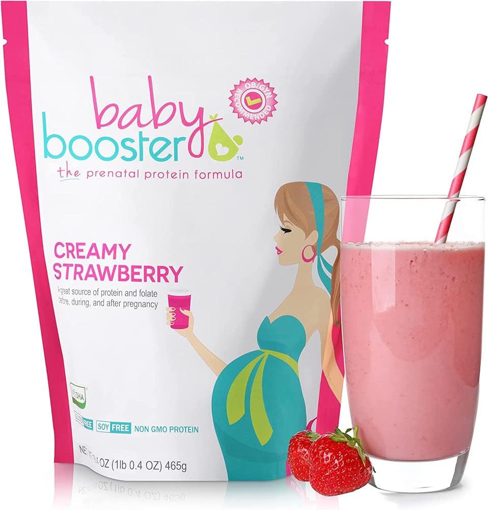 Copilul Booster Sarcina Pulbere de proteine Suplimentul de vitamine Shake - OB / GYN aprobat Utilizare prenatală şi postnatală de alăptare - Dimineaţa Boala de relief cu VEGAN DHA şi metil Folate - Creamy Strawberry, 1 lb