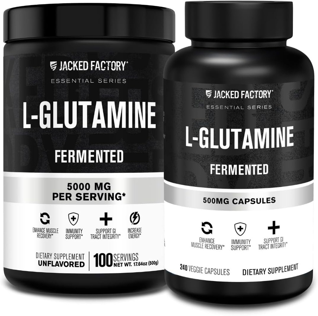 Fabrica Jacked L-Glutamine pulbere 100 Servings & L-Glutamine capsule 500mg (240 capsule) pentru post antrenament recuperare musculare, imunitate, Digestive Health