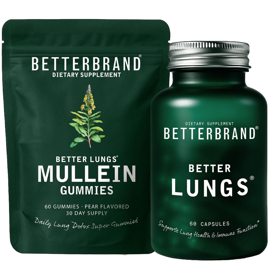 Betterbrand Better Lungs Health Pack - BetterLungs & Mullein Gummies - Pachet complet de wellness respiratorie: BetterLungs & Mullein Gummies - 30 Day Supply